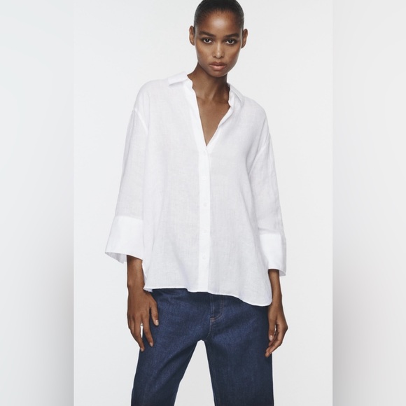 ZARA Asymmetric hem linen shirt - Picture 3 of 6